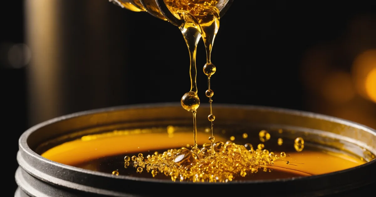 Close-up of amber lubricating oil with suspended metallic particles under industrial lighting