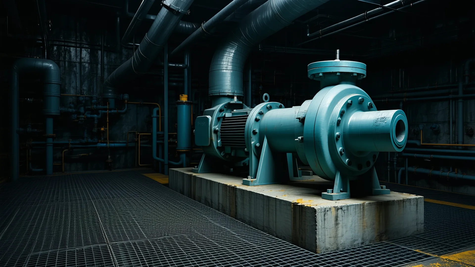 Industrial plant floor with a large rotating motor assembly and sensor equipment in low ambient light