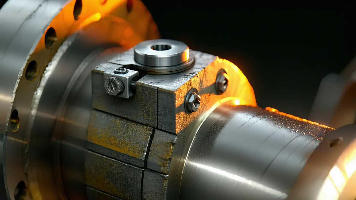 Close-up of a vibration and acoustic emission sensor clamp mounted on a bearing housing of an industrial motor