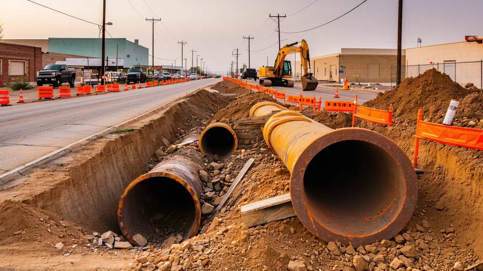 Municipal water distribution crew repairing a main break